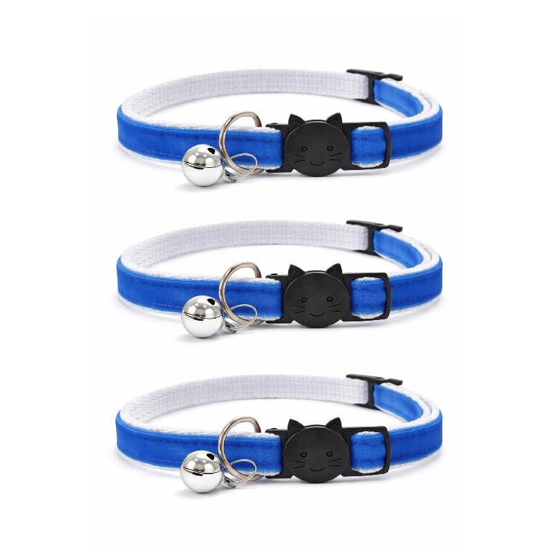 Velvet Cat Collars with Bell. Safe Breakaway Quick Release Buckle. Available in Cat & Kitten Size (Pack of 3) (Cat Collar (20cm - 30cm), Blue Velvet (Pack of 3))