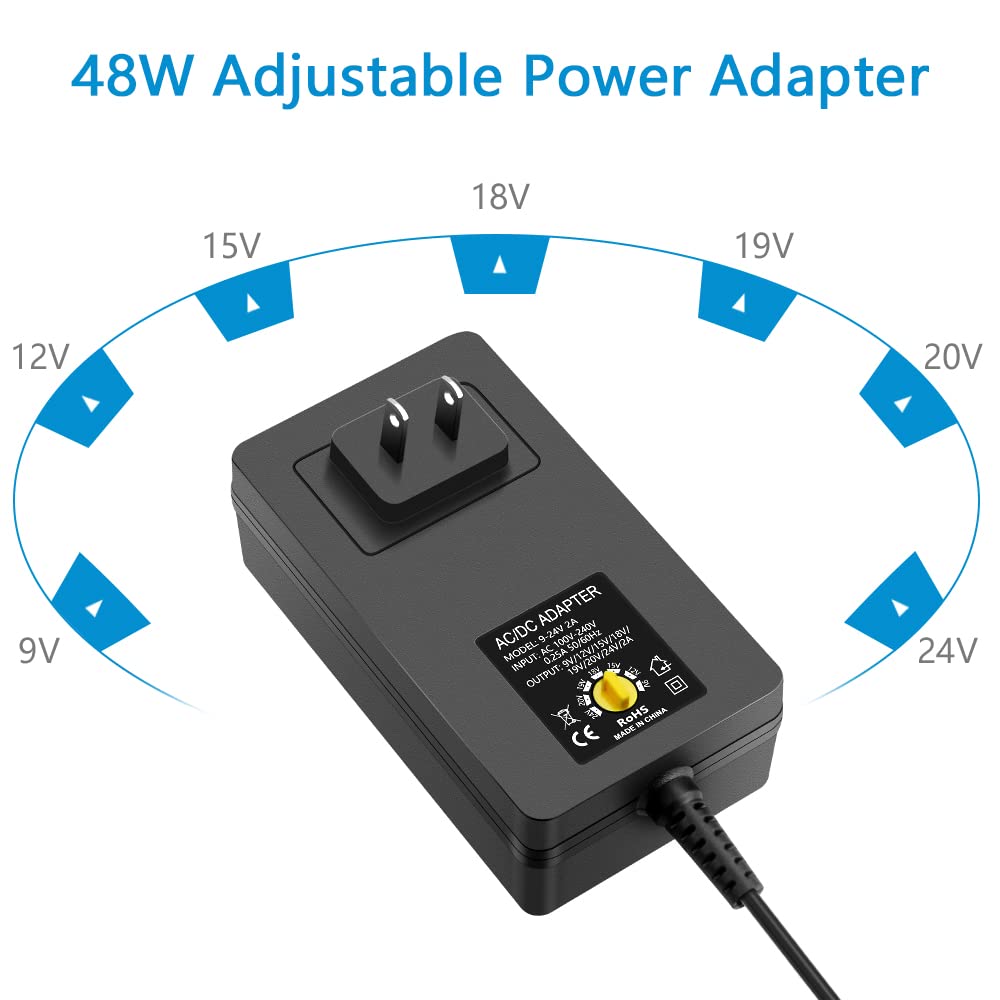 SHNITPWR 48W Universal Power Supply 9V 12V 15V 17V 19V 20V 24V Adjustable Variable AC/DC Adapter with 5.5x2.5mm Tip 100V-240V AC to DC Converter 9V~24V 0.8A 0.5A 1A 1.2A 1.5A 1.8A 2A Max with 14 Tips