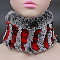 Utini FXFURS Women Real Fur Handmade Stretch Fur Scarf Knit Genuine Rex Rabbit Fur Headbands Girls Natural Fur Ring Scarves Winter - (Color: Black red)