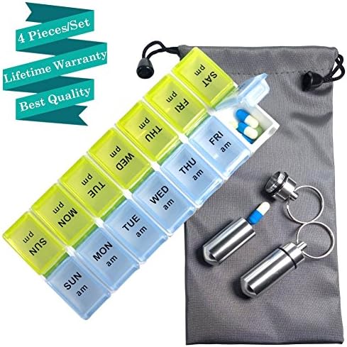 7-Day Pill Organizer,Pill Case Container &amp; Date Label Sticker for Women-Men,Empty Weekly Pill Box Set,Daily Pill Container For Travel/Vitamin/Fish Oil/Supplements