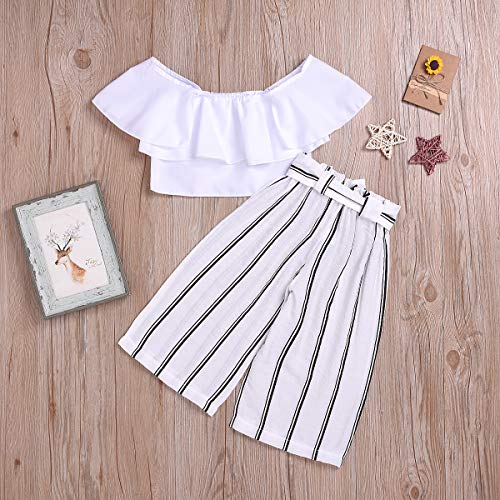 Kids Baby Girls Outfits Floral Ruffle Off Shoulder Crop Tops + Bowknot Denim Shorts Skirt Set Toddler Summer Clothes (Black Striped, 2-3 Years)