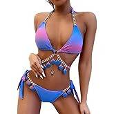 Women's Sexy Bathing Suits Gradient Color Halter Bikini Top Chain Tie Dye Two Piece Swimsuits with Shell Decoration