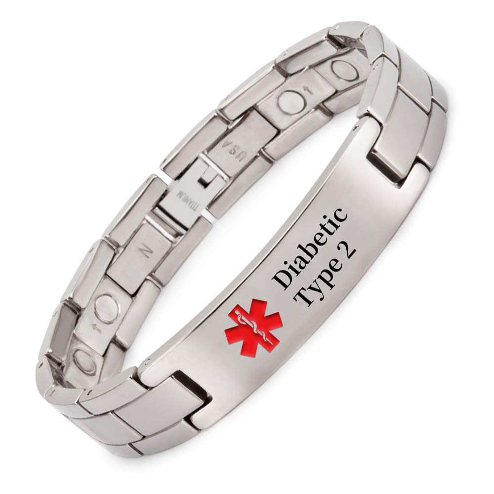 YINOX Health Magnetic Medical Alert Bracelet for Men with Super Strong Magnets 22cm/12mm (Diabetic Type 2)