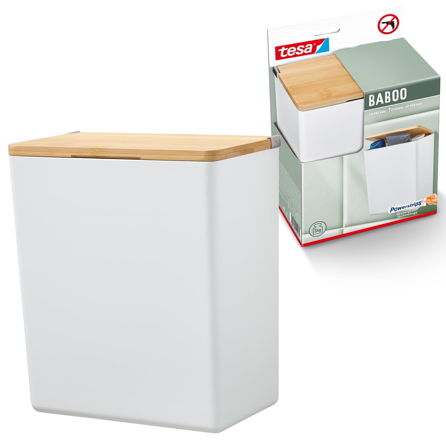tesa Baboo L Bathroom Organiser with lid, matt-white - Square storage box, for wall mounting without drilling, incl. tesa Powerstrips Waterproof Strips XL - 182 mm x 210 mm x 102 mm