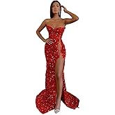 Strapless Prom Dresses 2025 Mermaid Sequin Sparkly Beaded Long Tube Sexy Sheer Sheath Evening Formal Party Dresses with Slit