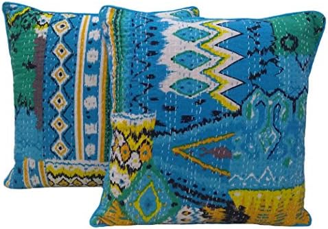 AGASVI Cotton Cushion Cover Kantha Hand Embroidered Decorative Cushion Cover for Home Decoration 18 x 18 Inch Ikat Printed Cushion Cover Turq Throw Pillow Cover Set of 2