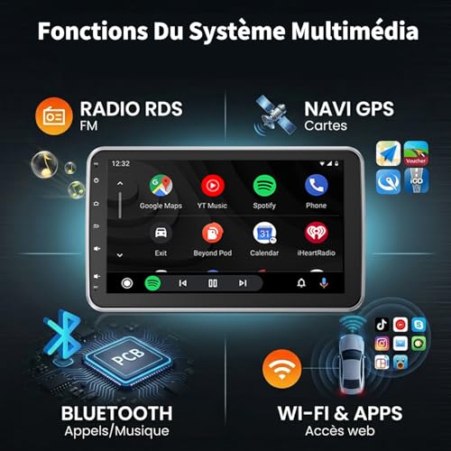 ESSGOO Car Radio 1 DIN Android 15 4+64 GB HD 10.1 Inch Touch Screen Manually Adjustable Wireless CarPlay & Android Auto GPS WiFi Bluetooth FM Global