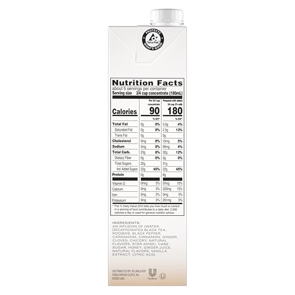 TAZO DECAF CHAI LATTE, BLACK TEA CONCENTRATE, EASY-TO-SERVE CHAI TEA FOR EVERYDAY LATTES, HOT OR ICED TEA AND MOCKTAILS, 32 OZ TEA MIX CARTON