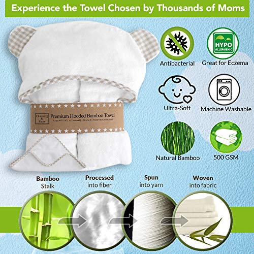 Premium Hooded Baby Towel + (6 Piece) Washcloth Gift Bundle - Organic Bamboo Baby Towels - Thick & Soft - Baby Towel and 6 Washcloth Baby Shower Gift Set - (Unisex Beige Gingham Bundle)