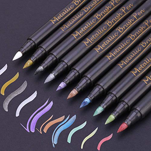 Metallic Marker Pens, Metallic Paint Art Markers Pen Set, for Black Paper, Rock Painting, Calligraphy, Lettering, Scrapbooking, Card Making, Halloween Pumpkin Gift, Set of 10 Colors(Brush Tip)