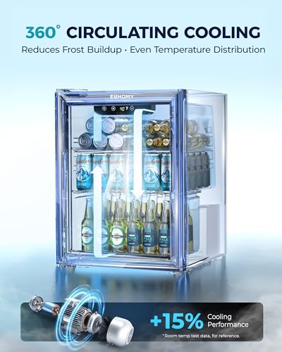EUHOMY 60 Can Beverage Refrigerator cooler-Mini Fridge Glass Door for Beer Drinks Wines, Countertop Beverage Fridge with Adjustable Shelves Blue LED, 1.6 cu.ft