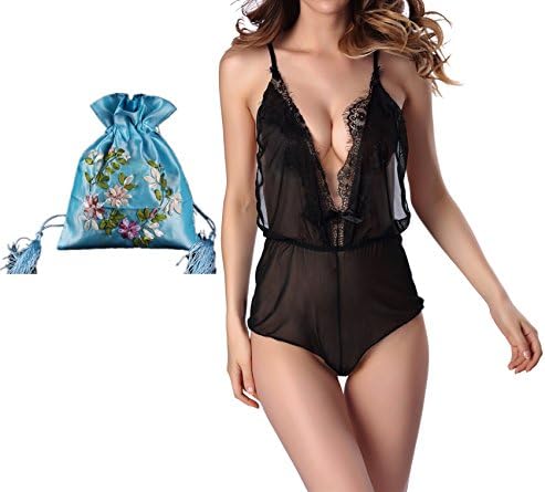 Kasiria Women's Sexy Lingerie Teddies One Piece Jumpsuit Halter See Through Babydoll Lace Chemise Black