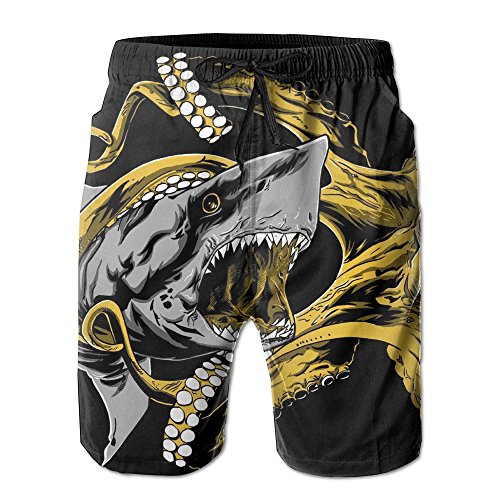 Shark Vs Octopus Newest Men's Workout&Swim Trunks Quick Dry Board Shorts with Pockets Summer