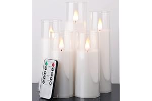Amagic Pure White Flameless Candles, Battery Operated Candles, Flickering LED Pillar Candles with Remote Control and Timer, 3D Wick, Yellow and Blue Glow, Set of 5