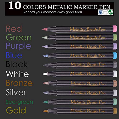 Metallic Marker Pens, Metallic Paint Art Markers Pen Set, for Black Paper, Rock Painting, Calligraphy, Lettering, Scrapbooking, Card Making, Halloween Pumpkin Gift, Set of 10 Colors(Brush Tip)