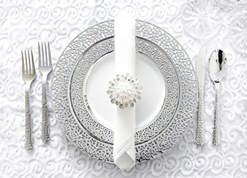Royalty Settings Silver Inspiration Collection Lace Plastic Plates and Cutlery Party Package for 20 Persons, Includes 20 Dinner Plates, 20 Salad Plates, 40 Forks, 20 Knives, 20 Spoons and 20 Teaspoons