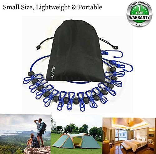 Adjustable Elastic Clothesline with Clips and Positioning Balls Portable Retractable Windproof Laundry Hanging Rope Anti-Skid Washing Line with Drawstring Bag (Dark Blue)