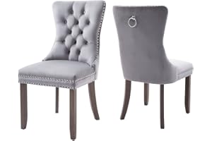 Virabit Tufted Velvet Upholstered Chairs Set of 2, Nailhead Back and Ring Pull Trim, Wood Chairs for Kitchen/Bedroom/Dining Room (Light Grey)
