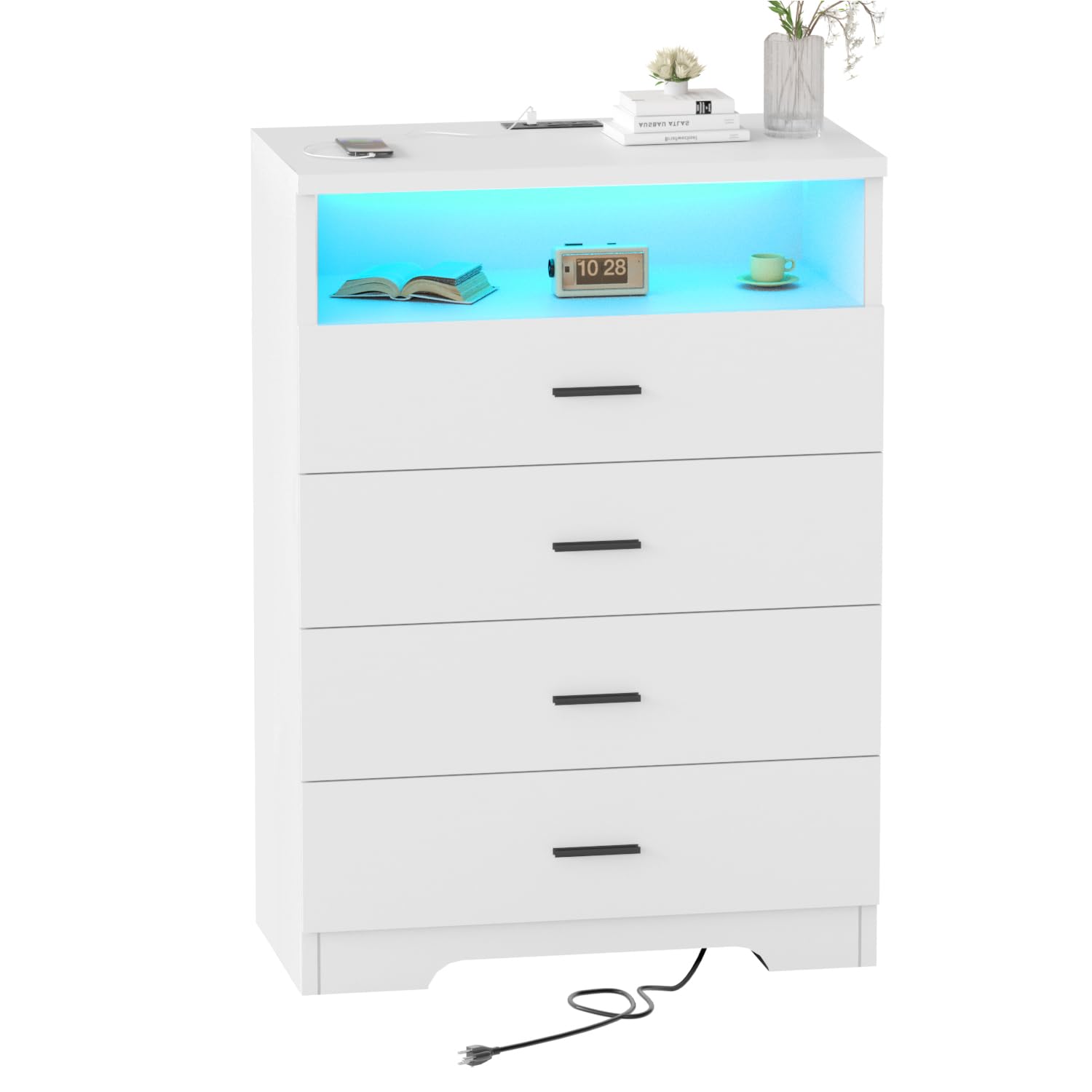 FJTJBSI Dresser with Power Outlets and LED Lights Wooden 4 Drawer Dresser with Large Organizer Tall White Drawer for Bedroom Modern Chest of Drawers Closet for Living Room Kids Room