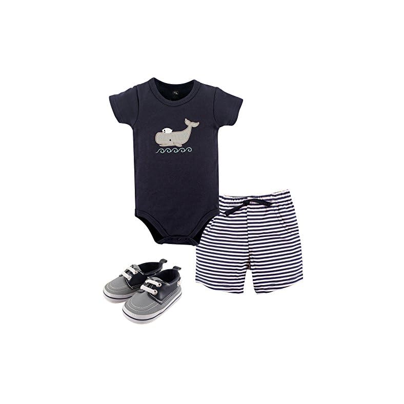 Hudson Baby Unisex Baby Cotton Bodysuit, Shorts and Shoe Set