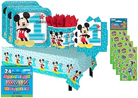 Disney Mickey Mouse 1st Birthday Fun To Be One Party Bundle Pack includes Plates, Napkins, Cups, Table Cover, Birthday Candles, Stickers For Party of 16