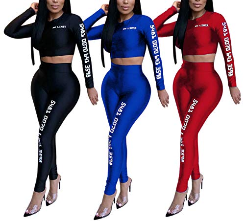 Women Sexy Long Sleeve Letter Print Crop Tops High Waist Leggings 2 Piece Bodycon Set Casual Outfit Tracksuit - Thumbnail 3