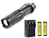 BESTSUN Super Bright T6 LED Tactical Flashlight Zoomable Adjustable Focus 5 Modes Water Resistant Portable Torch with Rechargeable 18650 Battery & Charger for Camping Hiking Hunting Search Survival