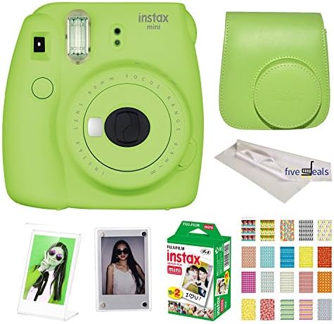 Fujifilm Instax Mini 9 instant Fuji Camera, LIME GREEN + Camera Case + instant Mini 9 Film Twin Pack + instax Picture Frame + Magnet Frame + 20 Border Stickers Kit +FREE Cleaning cloth (Lime Green)