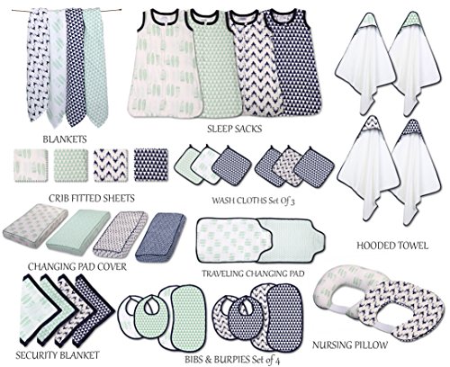 Bacati Noah Tribal Buck/Feathers/Triangles 4 Piece Cotton Muslin Swaddling Blankets, Aqua