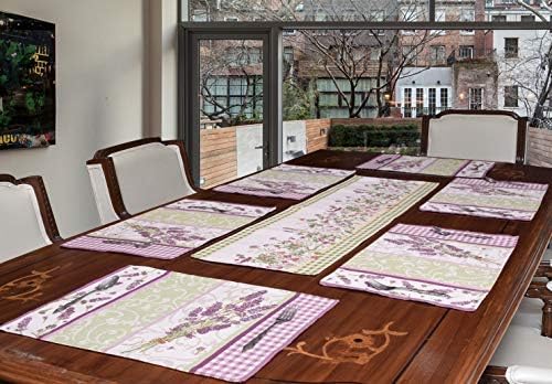 Avira Home Bloom Polycotton Table Mats and Runner Set of 7, (Purple and Green)