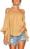 Angashion Women's Tops-Casual Floral Off Shoulder Flare Hlaf Sleeve Irregular Blouse T Shirts Yellow L