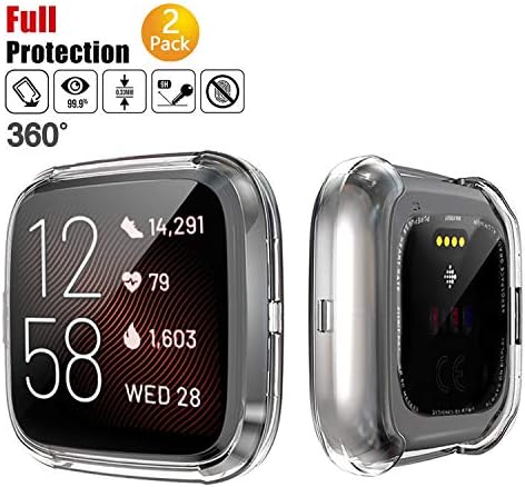 Chok Idea Full Coverage Case Protection Compatible With Fitbit Versa 2 Screen Protector,360° Anti-fall All Around Cover Screen and Sides,2 Pack,Transparent X2
