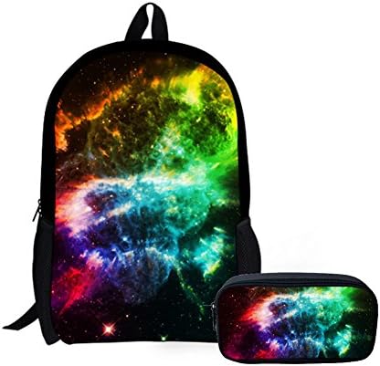 LedBack 3D Galaxy School Bag with Pencil Bag Polyester Backpack for School Boys Girls Elementary Children Teens Pen Holder Large Capacity Book Bag