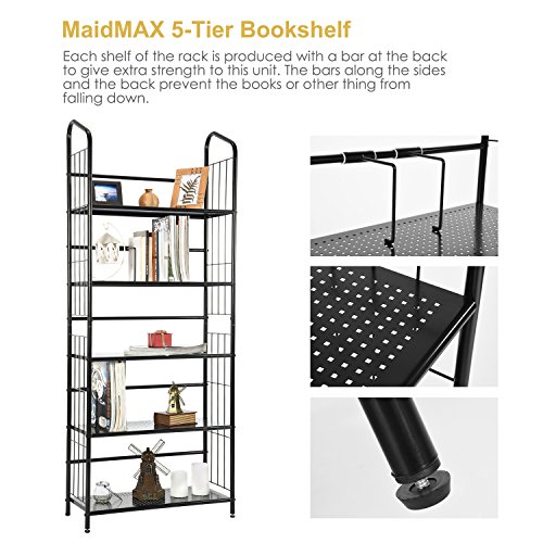 MaidMAX 5 Tiers Metal Bookcase with Adjustable Bars, Black - Thumbnail 2