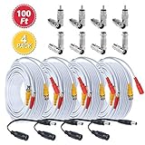 BNC Cables 100ft 4 Pack HD Security Camera Cables Heavy Duty BNC Video Power Extension Cable with BNC to BNC, BNC to RCA Connectors, DC Power Cables for CCTV DVR Security Camera System-Flashmen