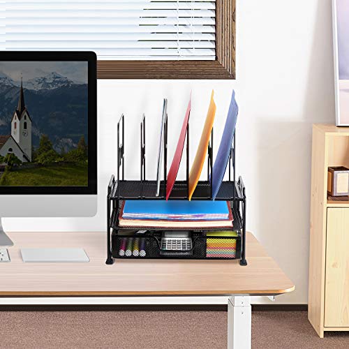 Simple Trending 2-Tray Mesh Desk File Organizer with Drawer Organizer and 6 Removable File Sorter, Office Document Letter Tray Folder Holder for Desk Organizers and Accessories, Black