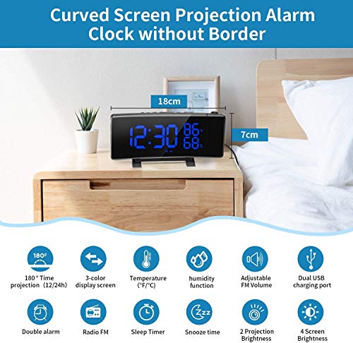 PEMOTech Projection Alarm Clocks for Bedrooms,【Temperature & Humidity Display】 7'' Large Curved LED Display,180° Rotation,FM Radio Digital Alarm Clock Projection on Ceiling with 2 USB Phone Charger