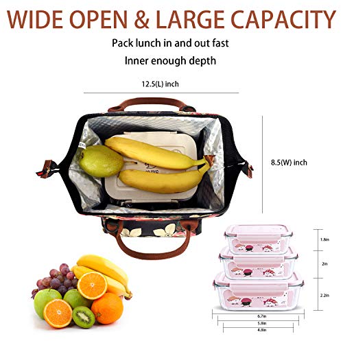 BRINCH Lunch Bag Insulated Lunch Box Leak Proof High Temperature Resistance Lunch Bags for Women Commuter Thermal Lunch Tote Cooler Bag Wide Open Drink Can Organizer Holder with Dual LOGOs, Peony