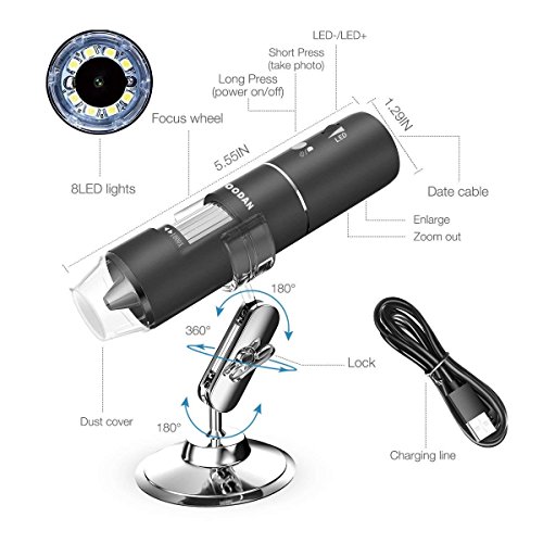 Wifi Digital Microscope, Goodan Wireless Microscope, Portable 50 to 1000X Black Updated Magnification Endoscope with Mini 8 Led Inspection Camera for Iphone IOS and Android Smartphone, Ipad