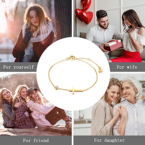 TempBeau Sideways Cross Charm Bracelet, Stainless Steel Religious Link Chain, Christian Baptism Dainty Bangle Jewelry Gift for Women Girls (Gold)