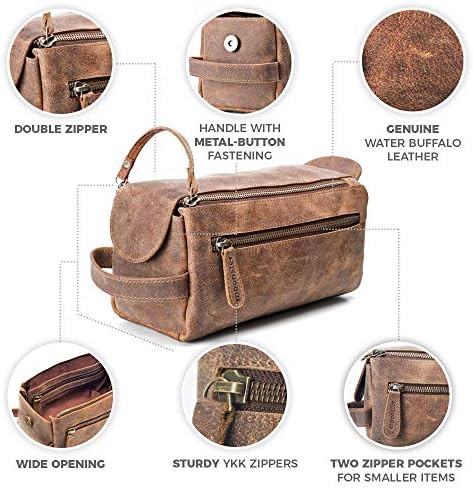 Leather Toiletry Bag for Men - Stylish, Practical and Thicker Than Other Bags - This Handmade Vintage Unisex Dopp Kit is Sturdy and Water Resistant - Store All Your Travel Toiletries in Style 2 Leather Toiletry Bag for Men - Stylish, Practical and Thicker Than Other Bags - This Handmade Vintage Unisex Dopp Kit is Sturdy and Water Resistant - Store All Your Travel Toiletries in Style