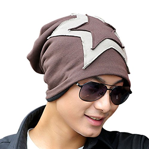 Kafeimali Men Cable Knit Long Beanie Star Cap Winter Skull Ski Hip-hop Slouch Hat (Brown)
