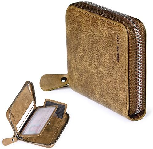 Trifold Wallet Zipper Men's RFID Blocking Khaki Leather Card Holder Coin Pocket Gift for Men