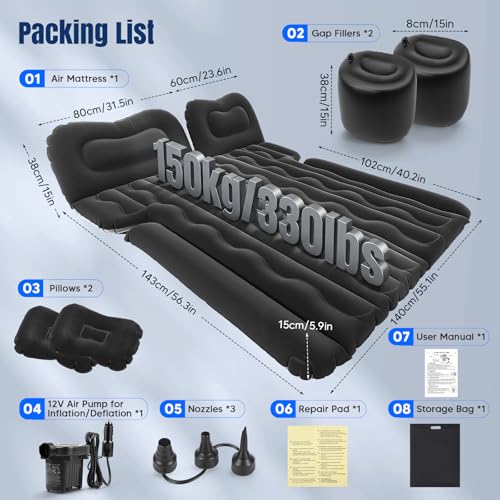 Inflatable Car Mattress, Camping SUV Mattress for Boot and Rear Bench, 12V Pump Included + 2 Pillows, 2 Fillers, Soft Waterproof Flocked Surface, Suitable for Car RV MPV Van