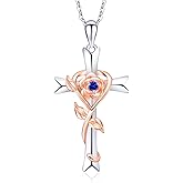 RIVIKO 925 Sterling Silver Cross Birthstone Necklace for Women Cross Rose Pendant Necklaces Trendy Christmas Valentine's Day Anniversary Jewelry Gift for Women Her Wife Girlfriends