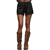 BEAUDRM Women's Lace Trim Satin Shorts Elastic Waist Mini Shorts Casual Lounge Silk Shorts French Knickers