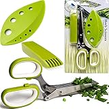 Herb Scissors Stripping Multipurpose Tool - Salad Cutter Herbs Stripper Shears Stainless Steel 5 Blade Gadget Fringe Chef Scissor Shear with Cleaning Brush Fun Kitchen Gadgets Tools Best Gift Idea