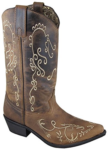 Smoky Mountain Women's Jolene Pull On Embroidered Snip Toe Brown Waxed Distress Boots 8.5M