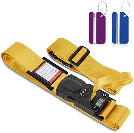 Cross Luggage Straps, GoingMen Adjustable Suitcase Belts with Luggage Scale & Password Lock Clip - Extra Gift 2 Luggage Tags - Yellow