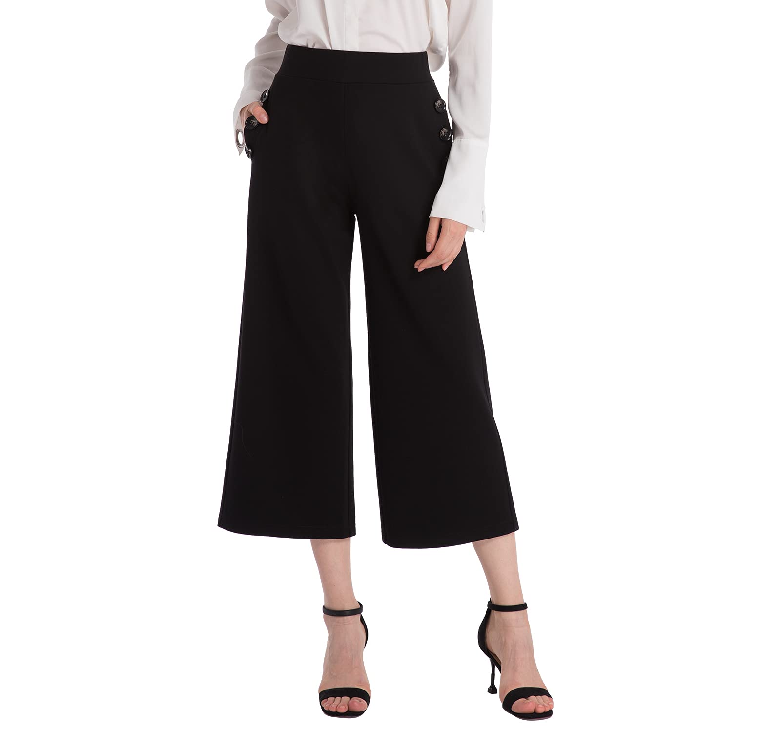 Photo 1 of Ginasy Wide Leg Pants for Women Business Casual Dress Pants Stretch High Waist Crop Capris Culottes Black